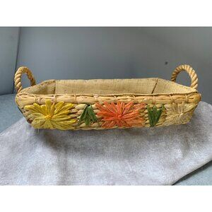 Vintage Handwoven Rattan Basket with Floral Embellishments Burlap Liner  11x7 19